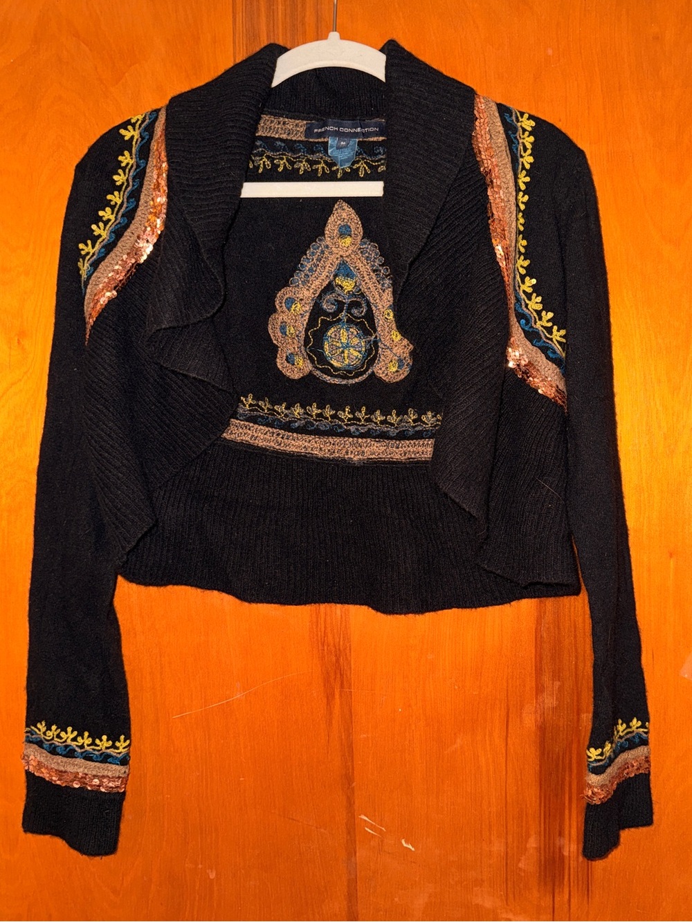 Vintage Y2K French Connection Sequin+Embroidered WOOL Bolero - Medium